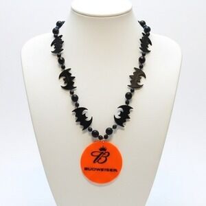 Rare Budweiser Halloween‎ Necklace Black Bats Orange Pendant Beaded Jewelry 18"